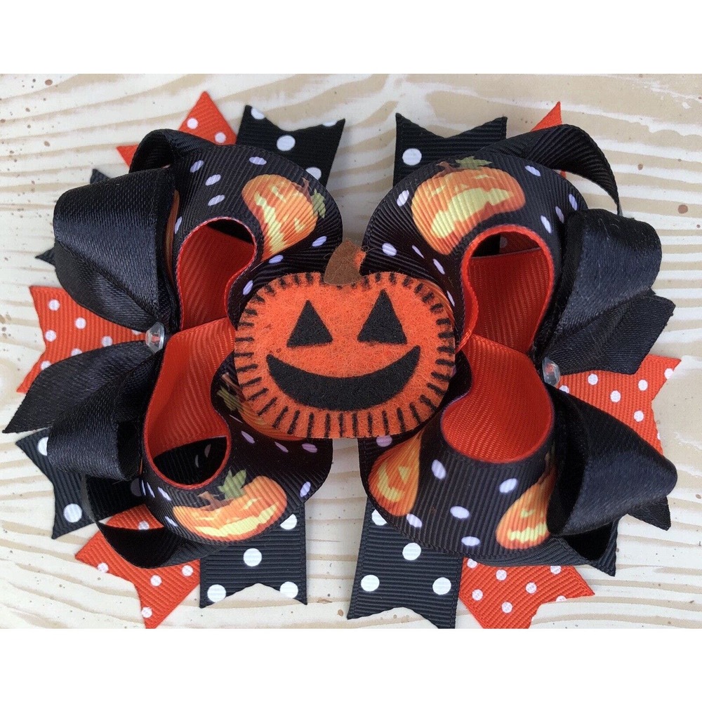 Large Halloween 5" Hair Bow; Girls Halloween Pumpkin Bow; Layered OTT Girl’s Bow